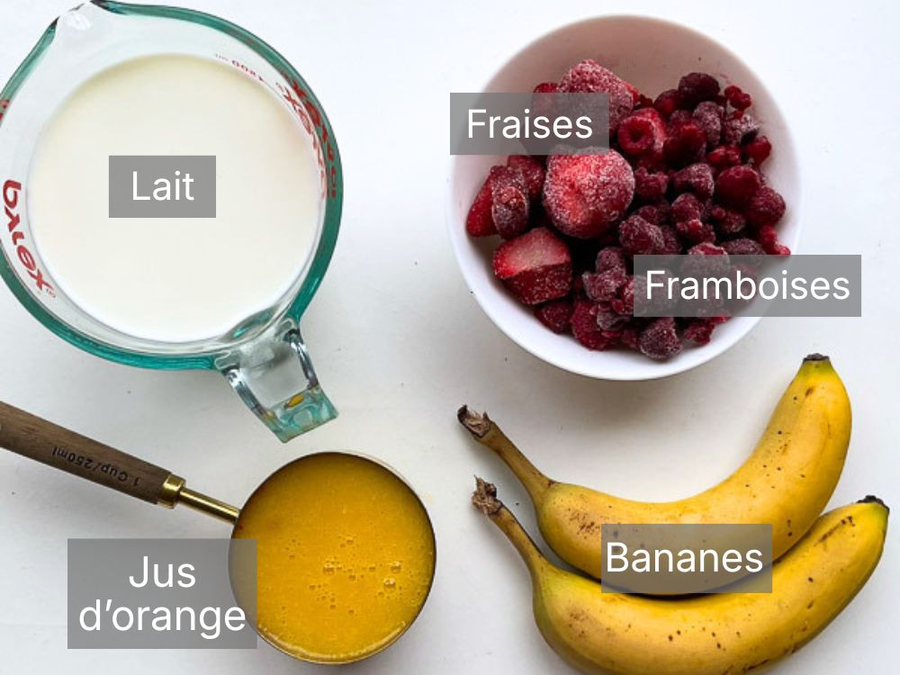 Lait frappe fraise framboise et banane ingrédients