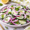 Salade crémeuse de concombres tranchés garnie de fines rondelles d’oignon rouge et de feuilles de menthe fraîche, servie dans une assiette blanche. La salade est enrobée d’une vinaigrette au yogourt et aux herbes, avec un citron et un linge à carreaux vert pâle en arrière-plan.