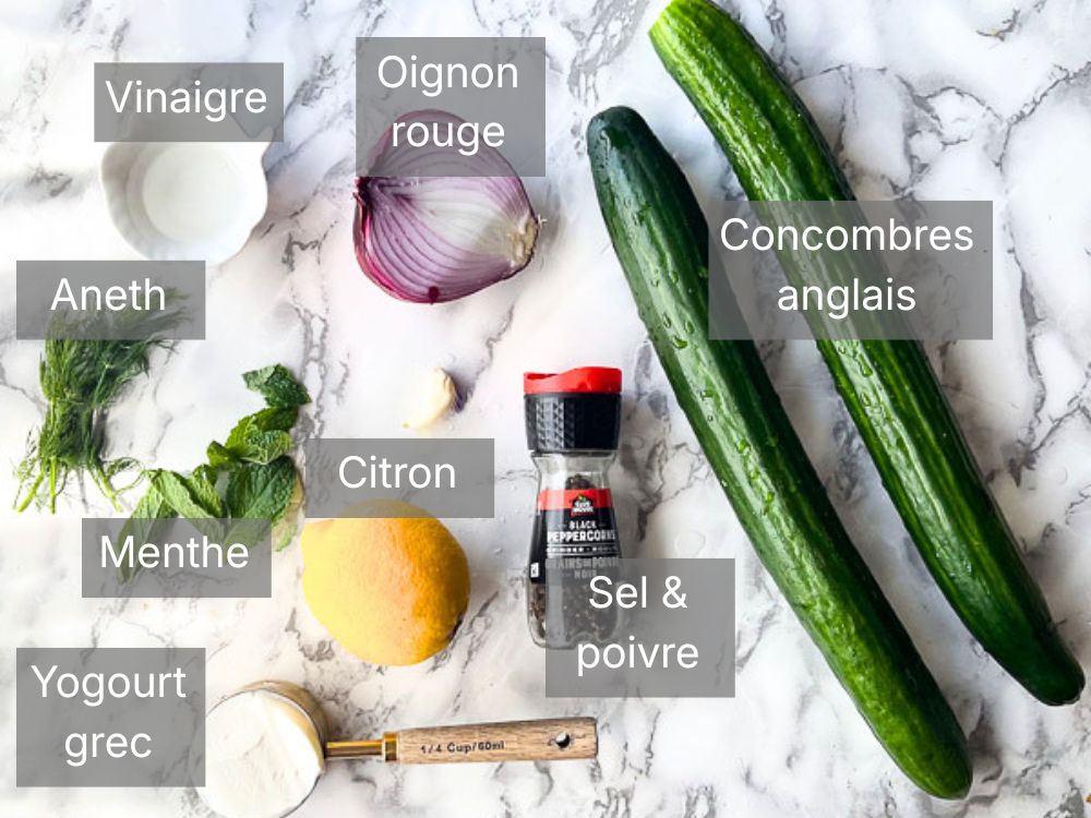ingrédients pour préparer une salade de concombre et oignon rouge avec une sauce au yogourt grec et à l ‘aneth