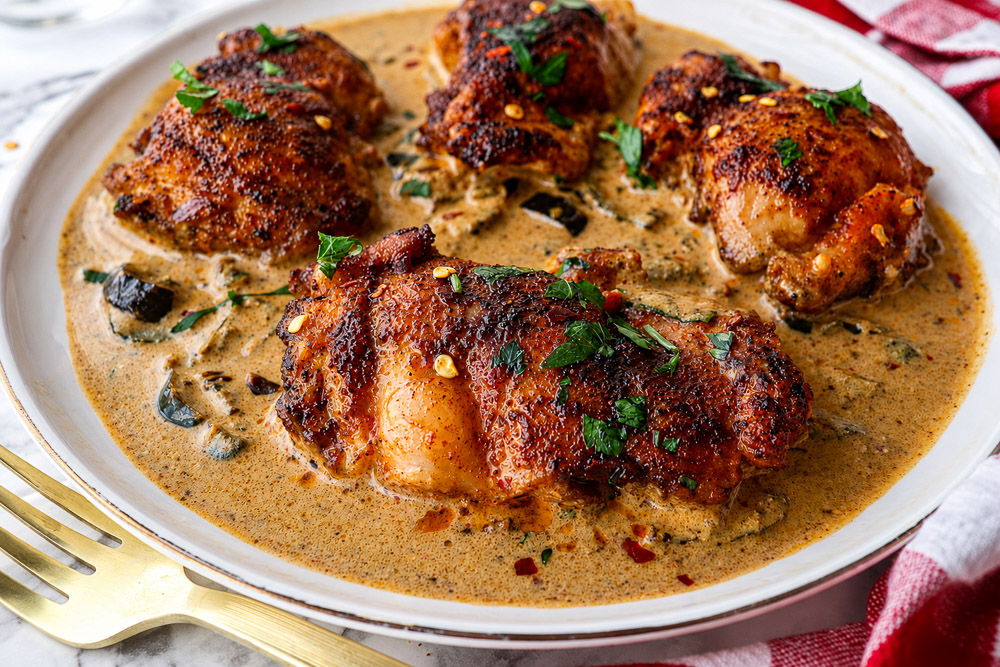 Poulet crémeux épicé servi dans une sauce onctueuse aux jalapeños avec persil frais et flocons de piment rouge